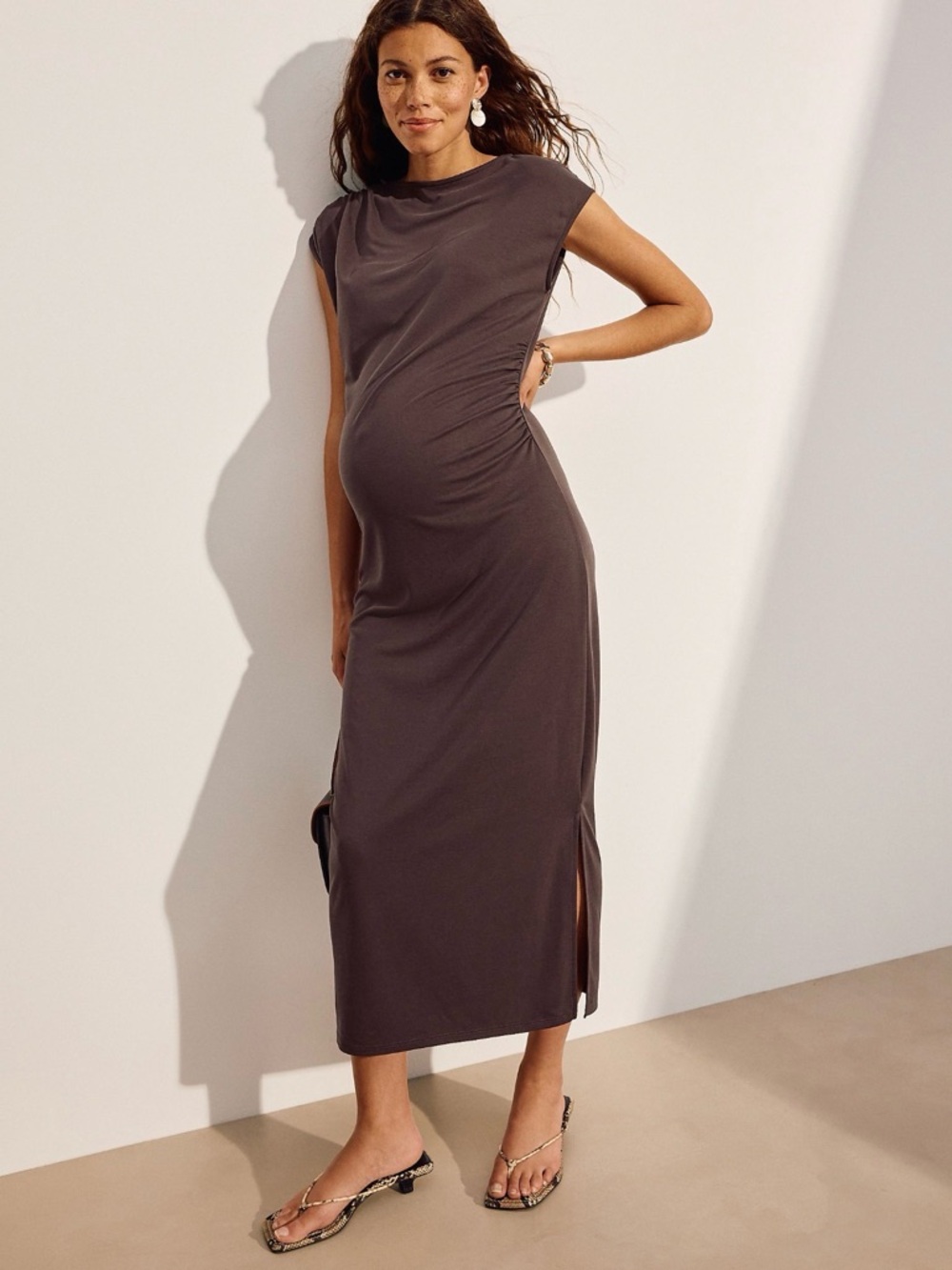 next Maternity Scoop Neck Dress in Chocolate Brown - Picture 2 of 8